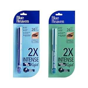 Blue Heaven 2X Intense Kajal Combo Green Queen And True Blue | With Soothing Aloe Vera | Upto 24Hr Stay | Long Lasting And Smudge Proof Pencil | Matte Finish| Pack Of 2 | 0.30G Each, Multicolor