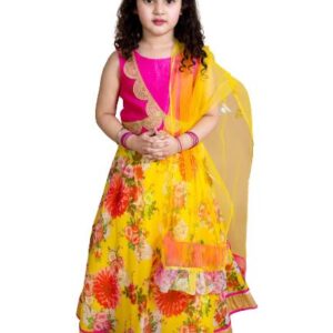 Pspeaches Girls Polyester Embroidered Ready To Wear Readymade Lehenga And Choli Set (Yellow)