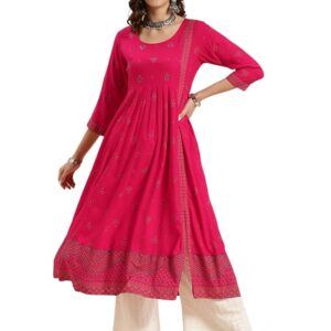 rangita Pink Rayon Calf Length Printed Front Slit Kurti for Women | Kurta for Women