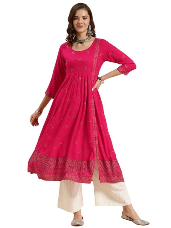 rangita Pink Rayon Calf Length Printed Front Slit Kurti for Women | Kurta for Women