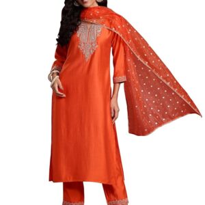 INDO ERA Women'S Embroidered Viscose Straight Kurta And Pant With Dupatta Set (IEPND7839)
