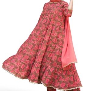 Janasya Women's Pink & Olive Georgette Digital Floral Printed Kurta with Palazzo and Dupatta