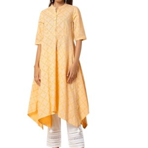 Indya Yellow Printed Cotton High Low Kurta