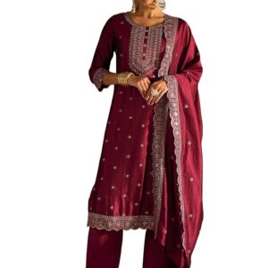 INDO ERA Women's Embroidered Silk Blend Calf Length Straight Kurta Pant And Dupatta Set (KH9MR6194)