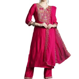 INDO ERA Women's Liva Cotton Blend Embroidered Straight Kurti Pant and Dupatta Set (RRRRR9569)