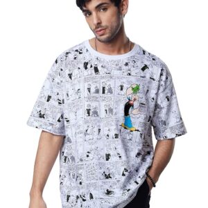 The Souled Store|Official Popeye: Comic Strip Mens and Boys T-Shirts |Half Sleeve| Loose Fit Graphic Printed| 80% Cotton 20% Polyester White Color Men Oversized T-Shirts