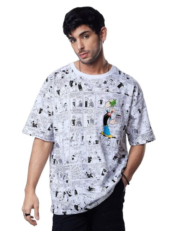 The Souled Store|Official Popeye: Comic Strip Mens and Boys T-Shirts |Half Sleeve| Loose Fit Graphic Printed| 80% Cotton 20% Polyester White Color Men Oversized T-Shirts