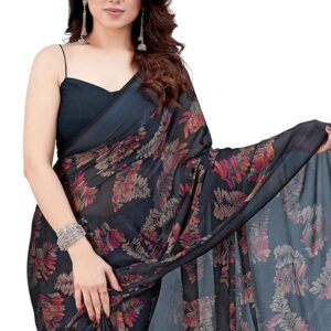 MIRCHI FASHION Women's Stylish Chiffon Leaf Printed Saree with Blouse Piece