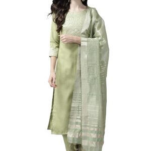 INDO ERA Women's Cotton Yoke Design Straight Kurta Pant with Dupatta Set