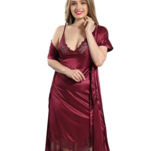 AV2 Women Satin Short Nighty with Lace & Robe 1306